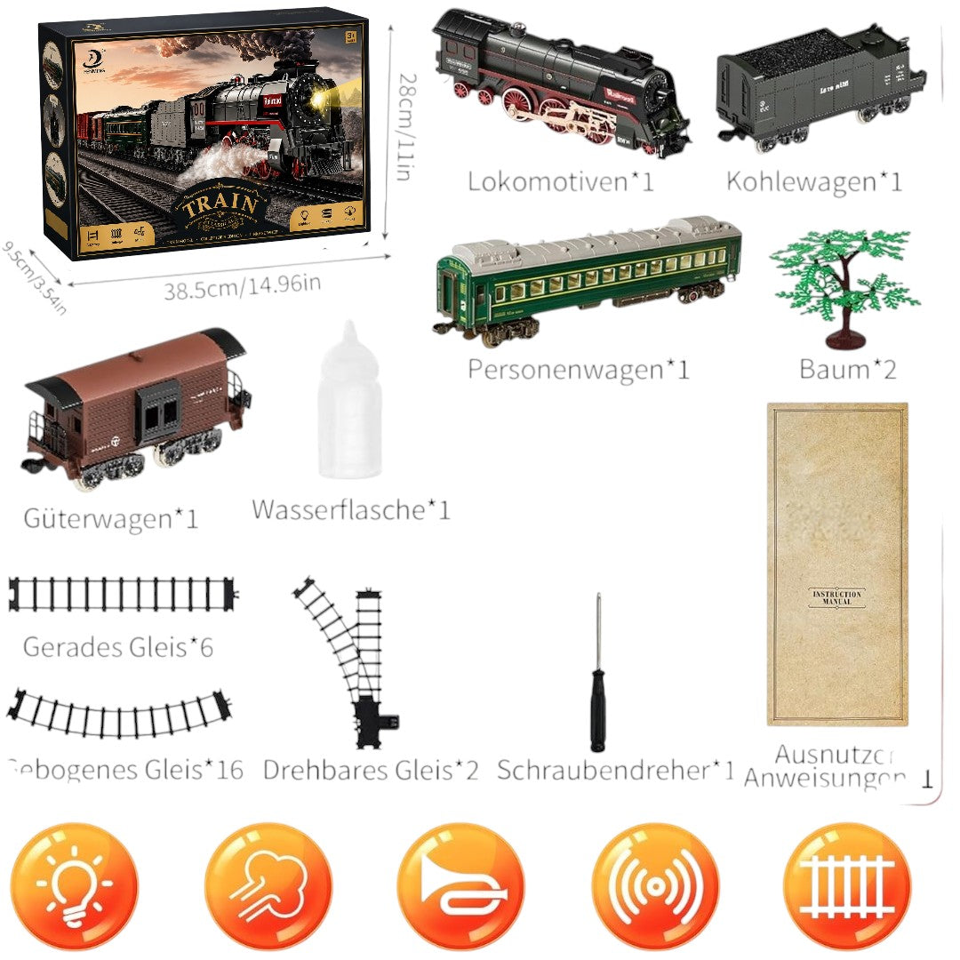 FENMING Classic Steam Train Set with Smoke, Lights & Track Layout | Battery Operated Railway Toy