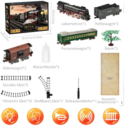 FENMING Classic Steam Train Set with Smoke, Lights & Track Layout | Battery Operated Railway Toy