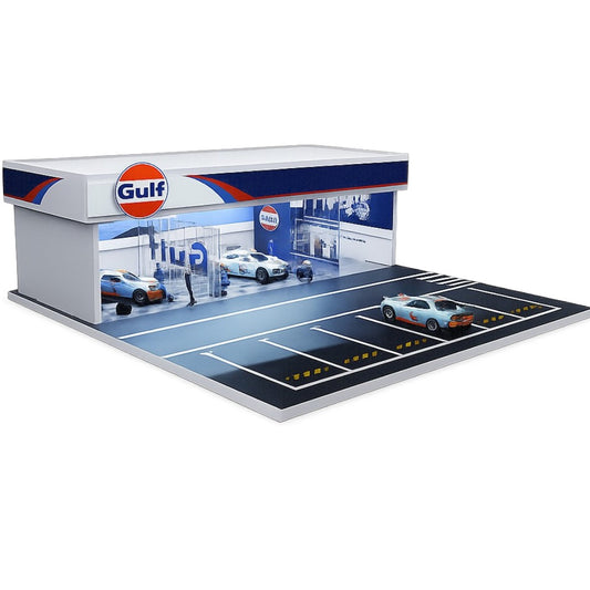 MOREART Gulf Service Garage Diorama with LED Lighting | 1:64 Scale Display Scene for Diecast Cars