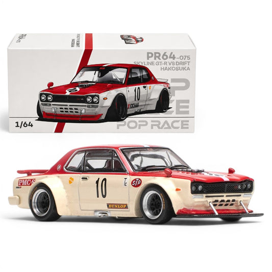 POP RACE 1:64 Skyline GT-R V8 Drift Hakosuka Red & White PR64-075 | Official Licensed Diecast Model Car (BGX)