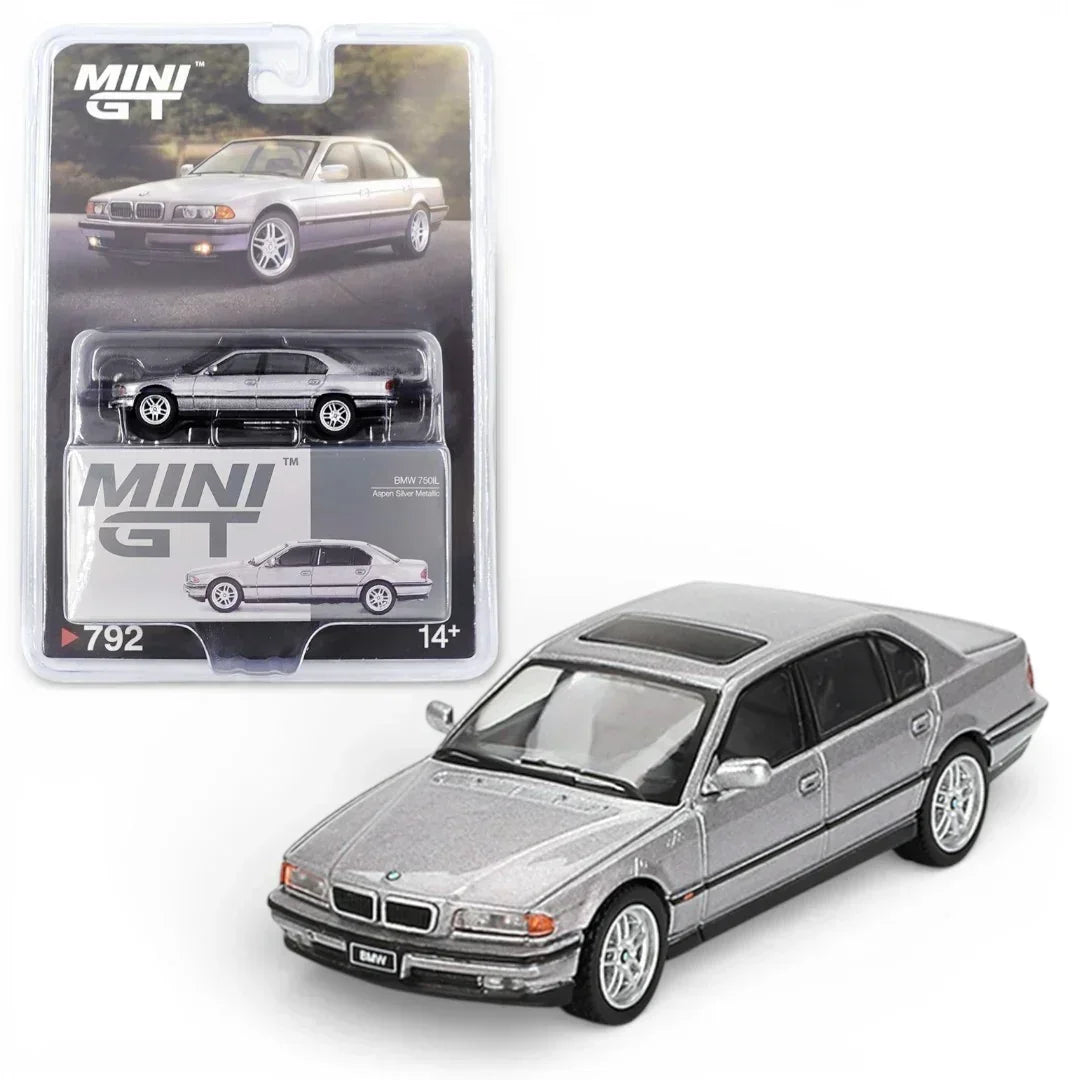 Mini GT 1:64 Blister Pack BMW 750iL Aspen Silver Metallic Diecast Luxury Sedan Model Car