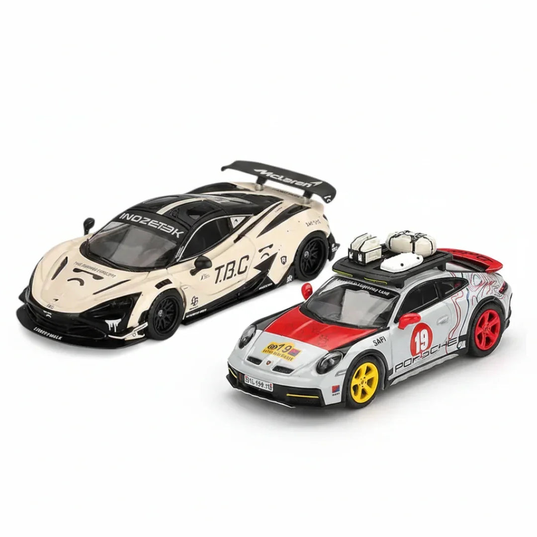 Mini GT 1:64 McLaren 720S LB★Works + Porsche 911 Dakar Uncle Rally LHD – Set of 2 Diecast Cars