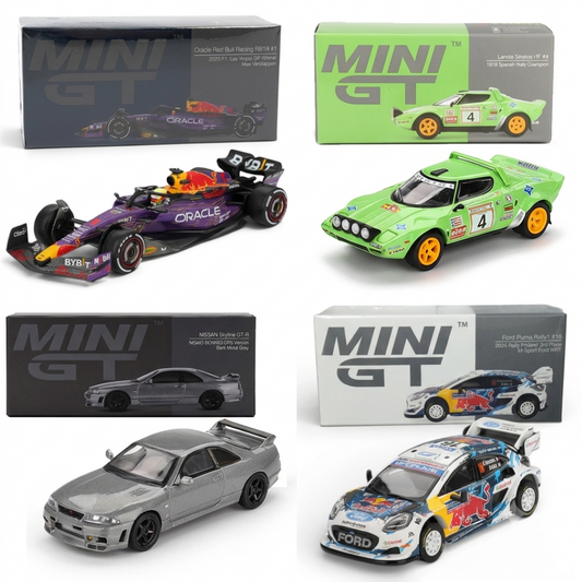 MINI GT 1:64 4-Car Diecast Collector Set – Red Bull Racing RB19 #1 Max Verstappen, Lancia Stratos HF #4, Nissan Skyline GT-R NISMO & Ford Puma Rally1