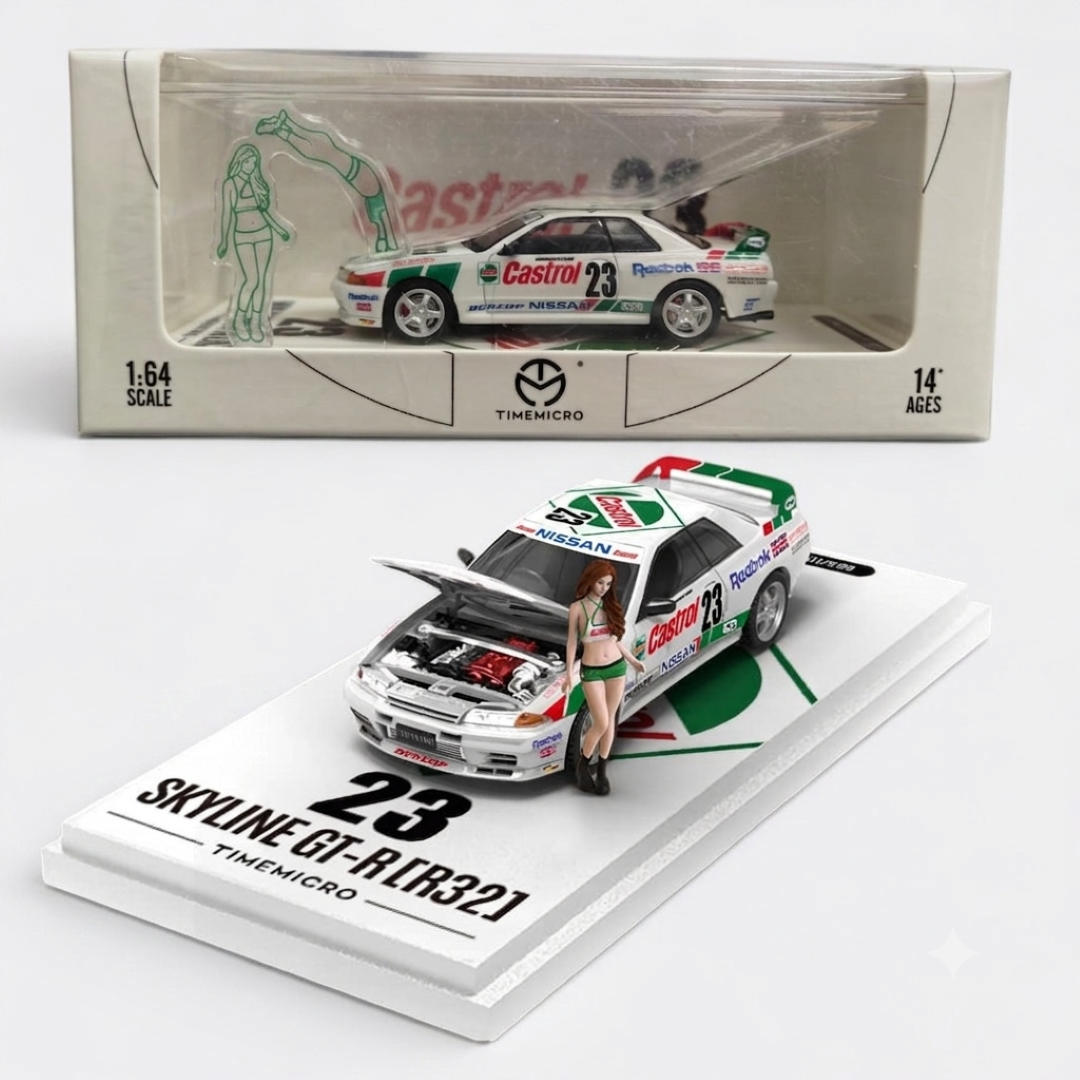 Time Micro Nissan Skyline GT-R R32 Castrol No.23 Figure Edition 1:64 Scale Diecast Model Car | Opening Hood | Display Base, Acrylic Case & Figure Included | 14+