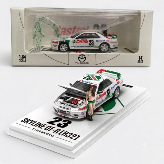 Time Micro Nissan Skyline GT-R R32 Castrol No.23 Figure Edition 1:64 Scale Diecast Model Car | Opening Hood | Display Base, Acrylic Case & Figure Included | 14+