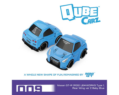 MINI GT 1:64 QubeCarz Nissan GT-R R35 LB Works Type 1 Rear Wing Ver. 2 Baby Blue Die-Cast Model Car