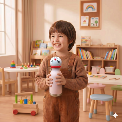 Afresh 365 Doraemon Character Head 450ml Insulated Stainless Steel Kids Water Bottle with Straw | 16oz Vacuum Flask With 2 Colour Variants