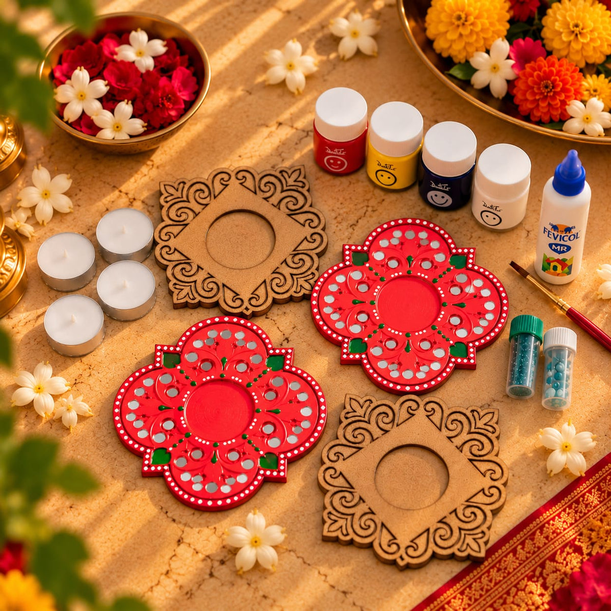 Dastkhat Ujala DIY tealight stand painting kit with MDF coasters, tealights, paints, mirrors and sparkle