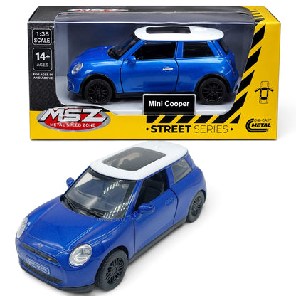 MSZ 1:38 Mini Cooper SE J01 Blue Die-Cast Model Car with Openable Doors