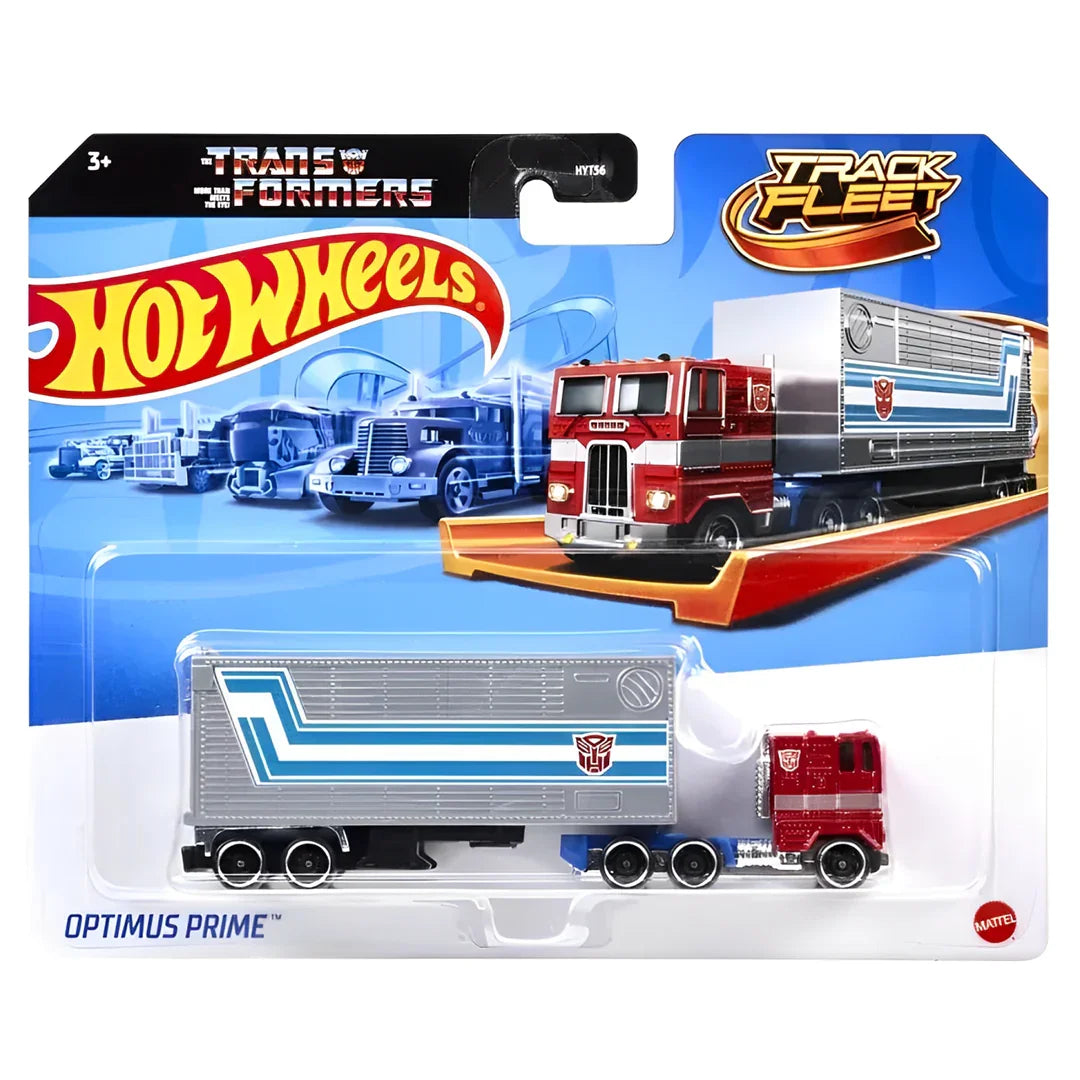 Hot Wheels × Transformers Track Fleet Optimus Prime – 1:64 Scale Die‑Cast Cab & Trailer Truck - Jaiman Toys