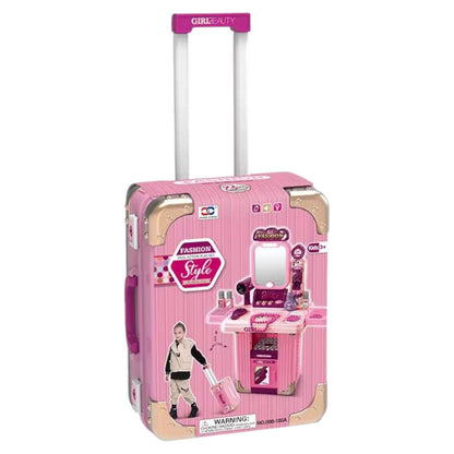 Portable Beauty Makeup Playset with Trolley Suitcase – Kids Pretend Play Vanity Set with Mirror, Hair Dryer & Accessories for Girls
