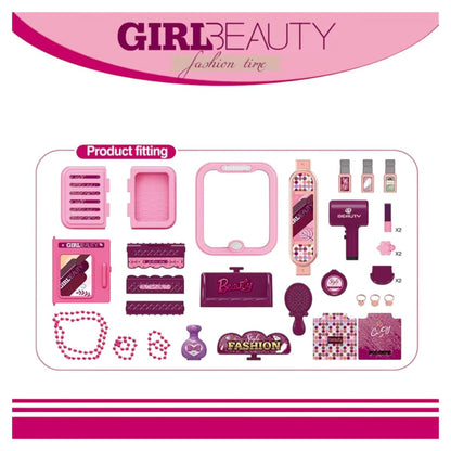 Portable Beauty Makeup Playset with Trolley Suitcase – Kids Pretend Play Vanity Set with Mirror, Hair Dryer & Accessories for Girls