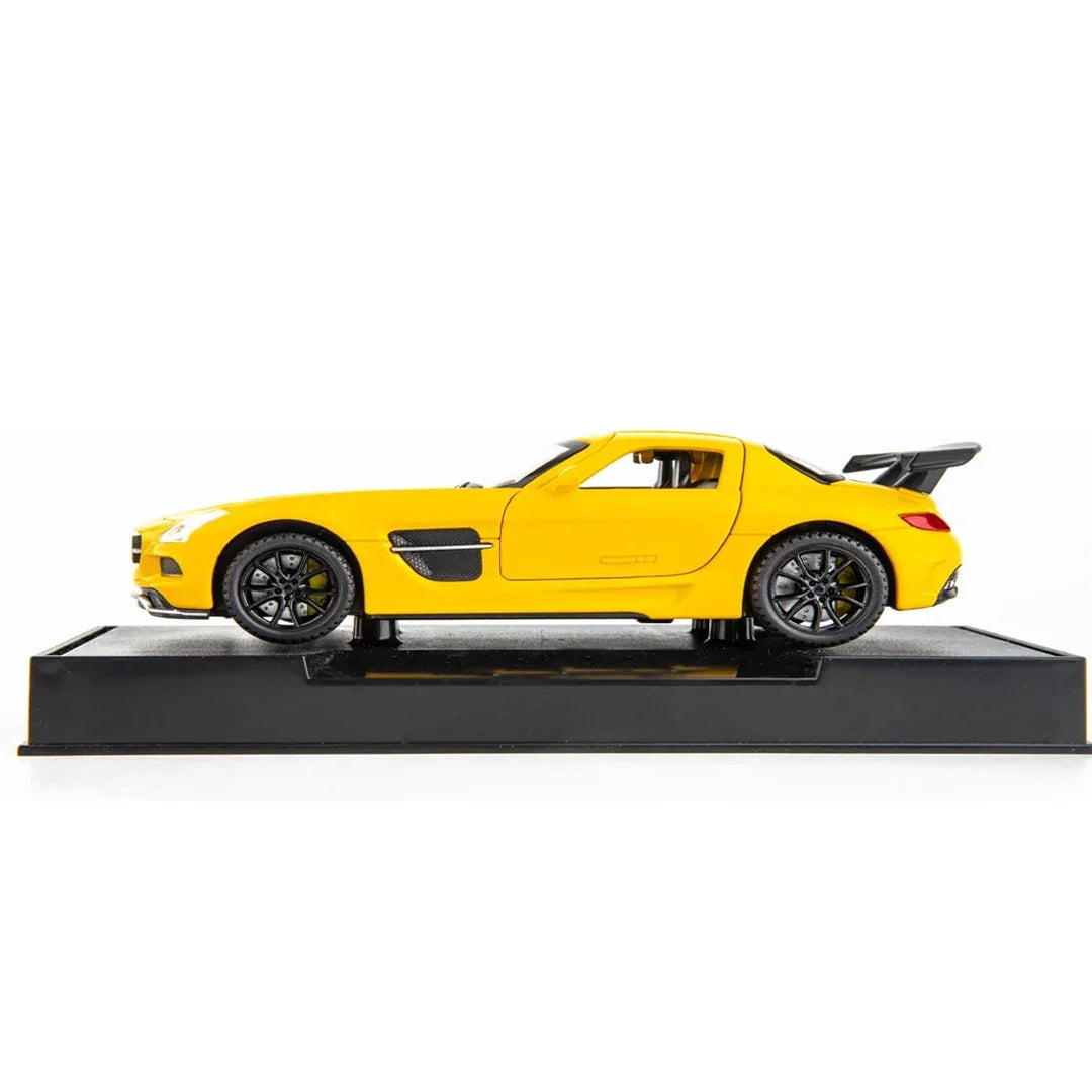 1:32 Mercedes SLS AMG Die-Cast Metal Model Car – Pull Back Toy Car with Openable Doors, Light & Sound (Yellow) - Jaiman Toys