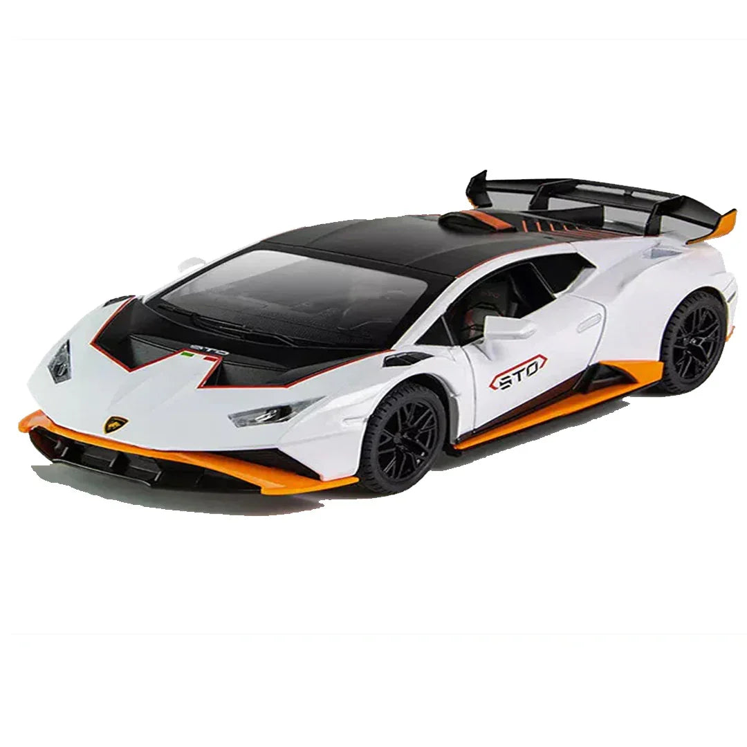 1:24 Lamborghini Huracán STO Die-Cast Metal Model Car – Pull Back Sports Car with Openable Doors, Light & Sound (White) - Jaiman Toys
