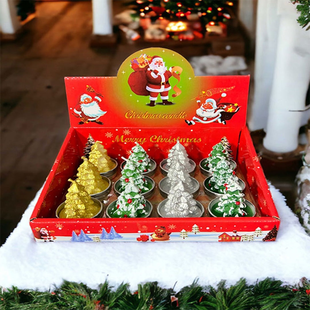 Christmas Tree Decorative Candles Set – 12 Piece Pack | Festive Tealight Candles in Gold, Silver & Green for Holiday Home & Party Décor