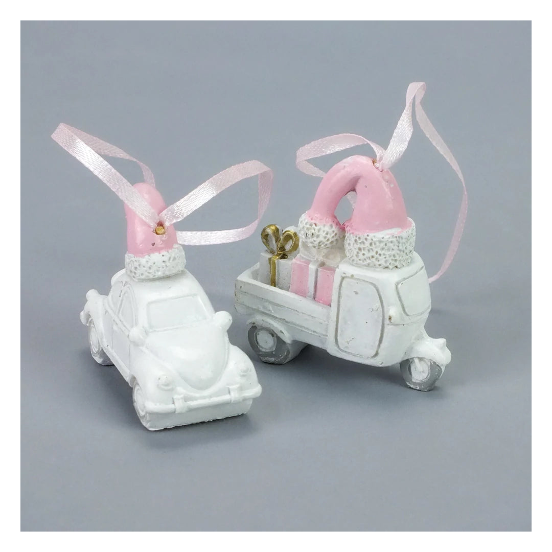 Christmas Festive Vehicle Ornaments Set (2pcs) | Pink & White Holiday Hanging Décor
