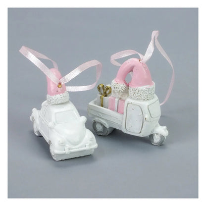 Christmas Festive Vehicle Ornaments Set (2pcs) | Pink & White Holiday Hanging Décor
