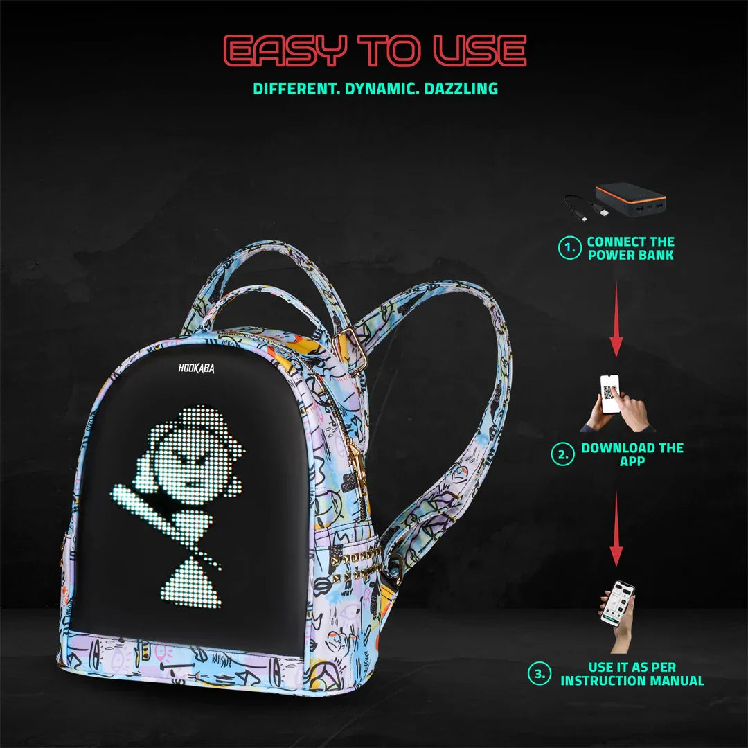 HOOKABA Dazz Roll Women’s LED Backpack – App-Controlled Pixel Display, Stylish Waterproof Bag (14L) - White - Jaiman Toys