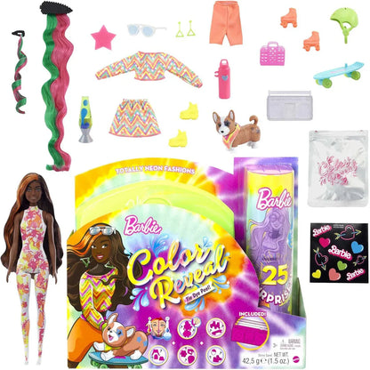 Barbie Color Reveal Totally Neon Fashions Doll with Orange-Streaked Brunette Hair & 25 Surprises | Color-Change Feature | Gift for Kids