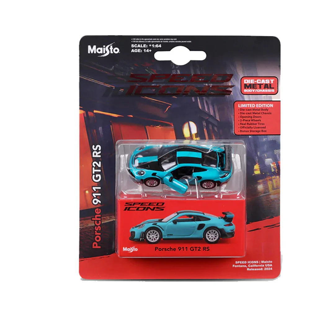 Maisto Porsche 911 GT2 RS Blue w/ Carbon Stripes – 1:64 Scale Speed Icons | Licensed Die‑Cast Supercar Model - Jaiman Toys