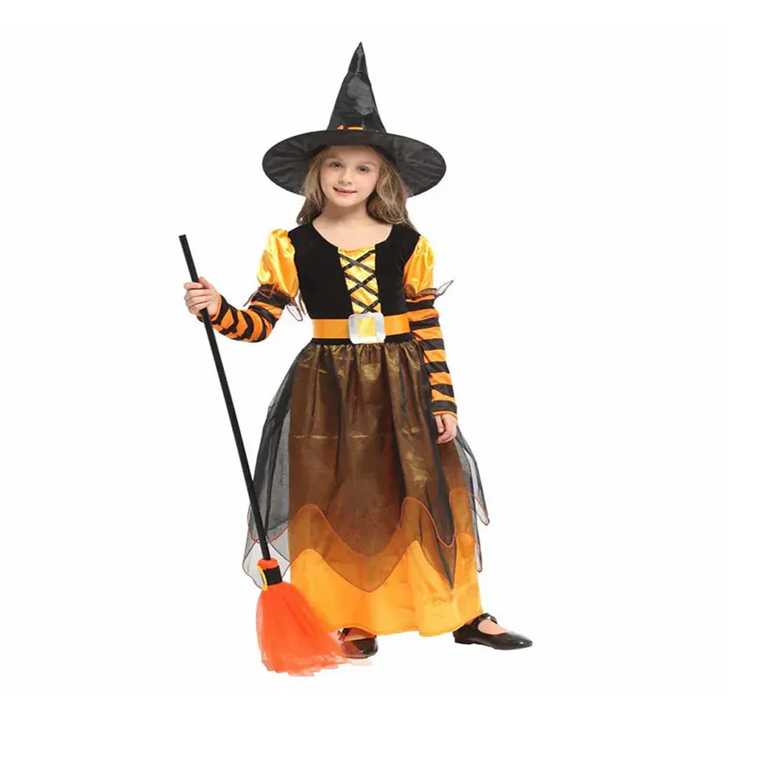 Girls’ Witch Pumpkin Halloween Costume with Hat – Fancy Party & Cosplay Dress