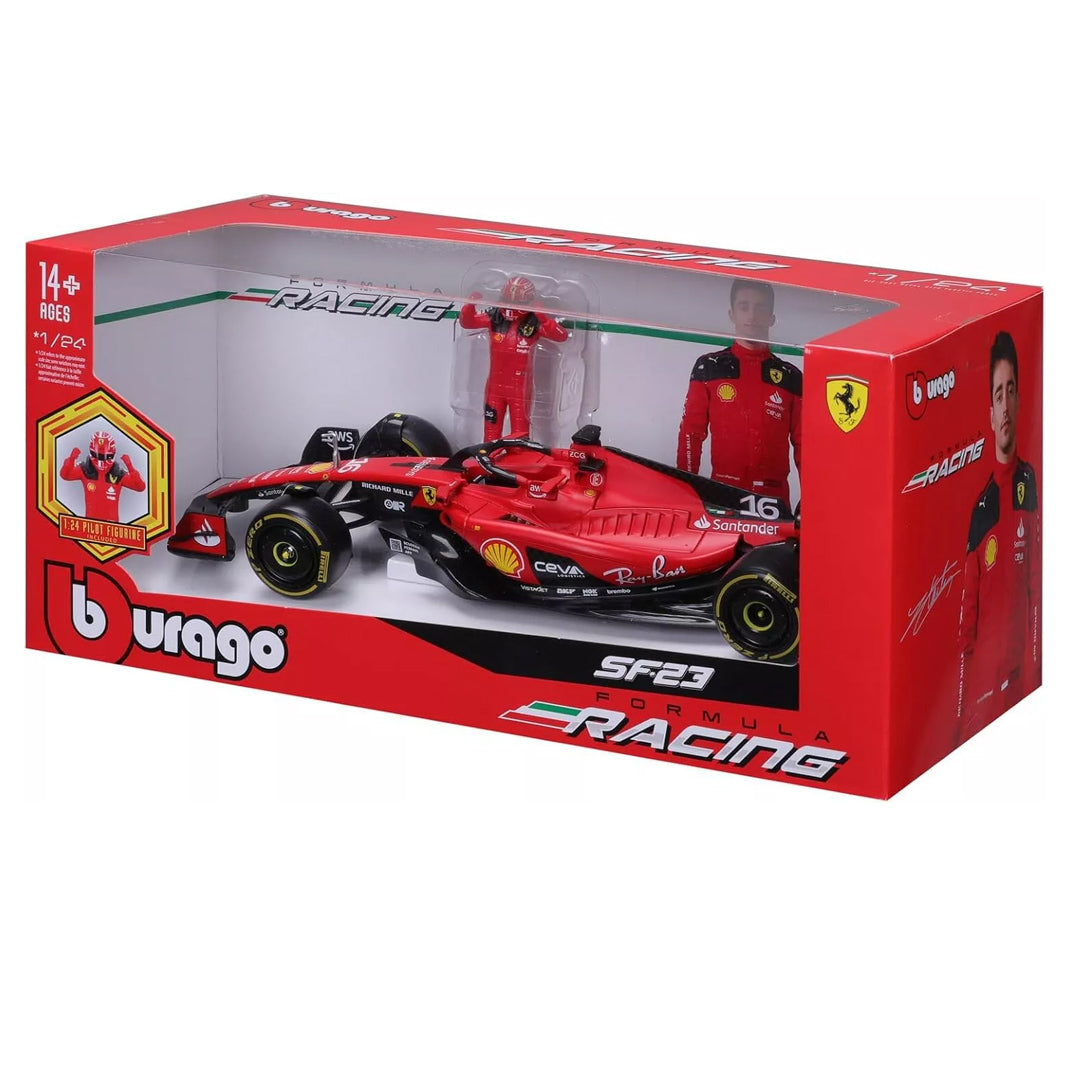 Bburago - 1/24 Scale Model Compatible with Ferrari SF23 F1# 16 Charles Leclerc 2023 with Pilot Figurine