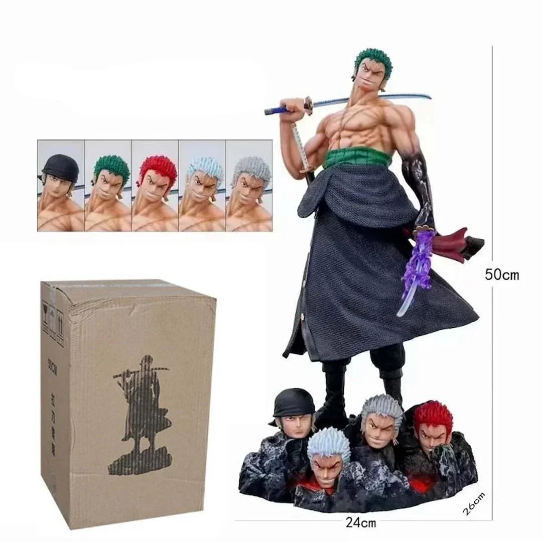Ultimate Action Figure – Roronoa Zoro 50cm Anime Statue with 5 Interchangeable Heads One Piece PVC Collectible Model Toy Gift HW - Jaiman Toys