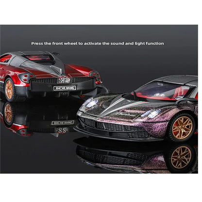 JOY JUNCTION Pagani Fengshen 1:32 Scale Alloy Metal Pullback Die-Cast Car – Purple with Lights, Music & Openable Doors - Jaiman Toys