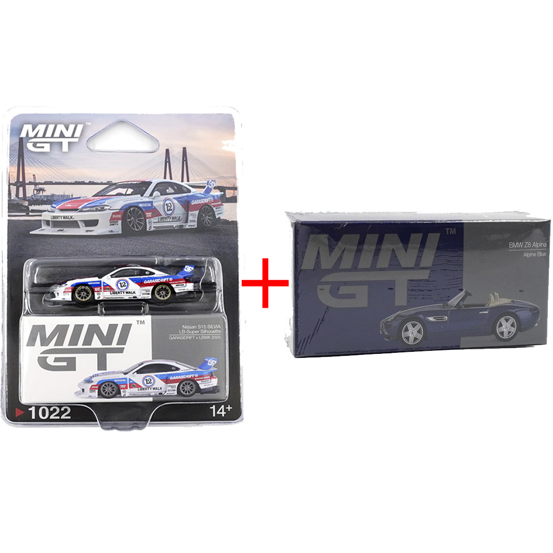 Mini GT 1:64 Nissan LBWK S15 Silvia GARASIDRIFT 2025 + BMW Z8 Alpina Diecast Model Combo