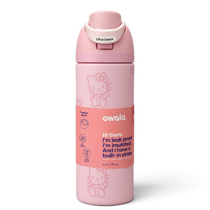 Owala Hello Kitty FreeSip 710 ml (24 oz) Insulated Stainless Steel Water Bottle with Built-In Straw and Locking Push-Button Lid – Pink