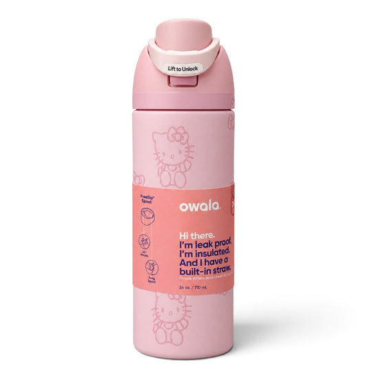Owala Hello Kitty FreeSip 710 ml (24 oz) Insulated Stainless Steel Water Bottle with Built-In Straw and Locking Push-Button Lid – Pink