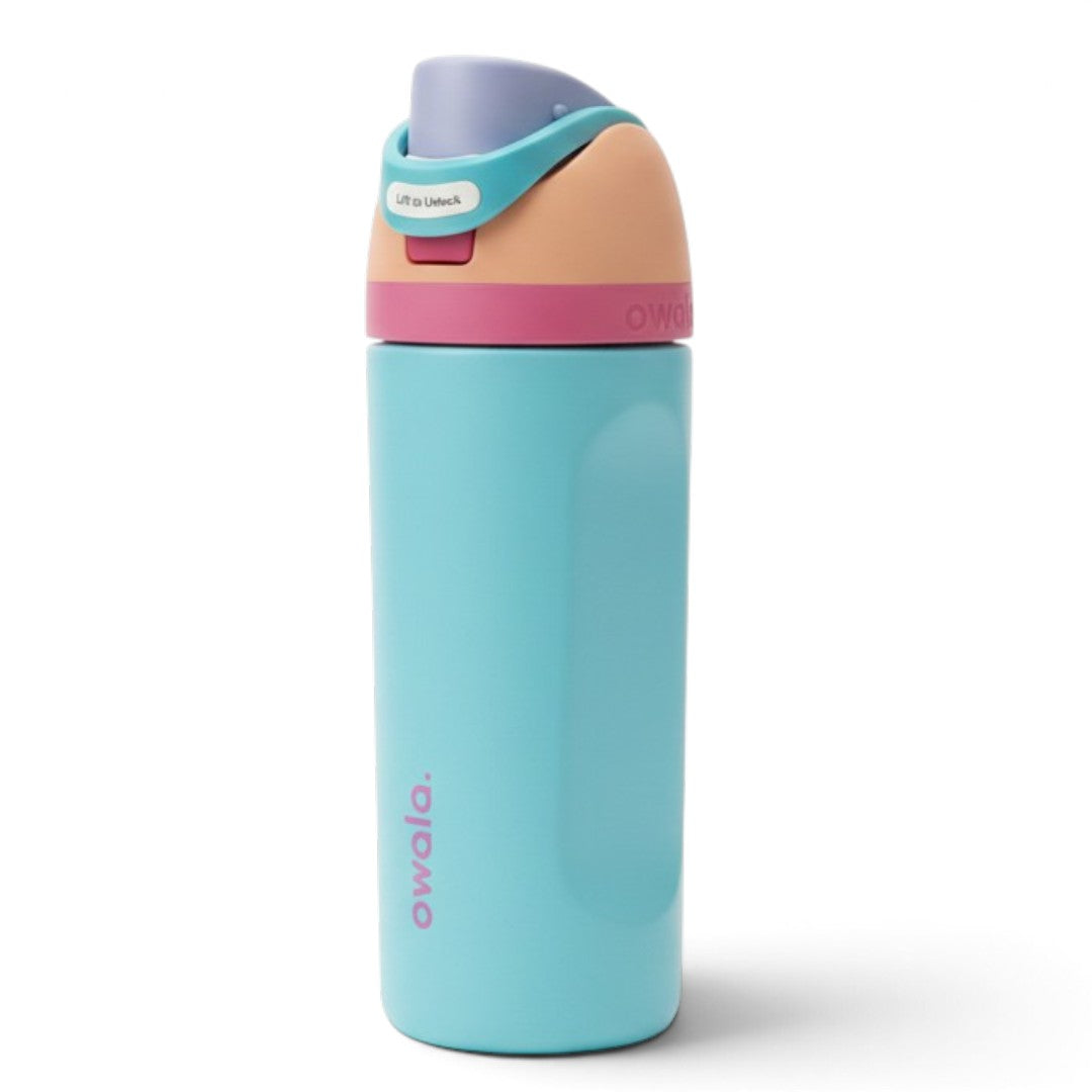 Owala Kids FreeSip 475 ml (16 oz) Insulated Stainless Steel Water Bottle with Built-In Straw and Locking Push-Button Lid – Aqua & Coral