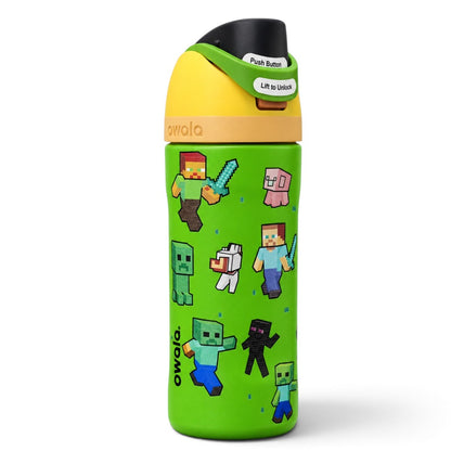 Owala FreeSip Minecraft 16 oz / 475 ml Insulated Stainless Steel Water Bottle with Built-In Straw & Push-Button Lid – Green