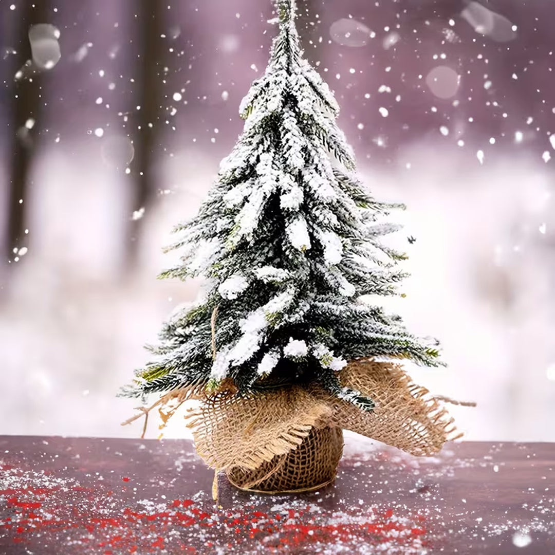 Snow-Flocked Mini Christmas Tree 35 cm | Tabletop Pine Tree with Burlap Base – Winter Holiday Décor