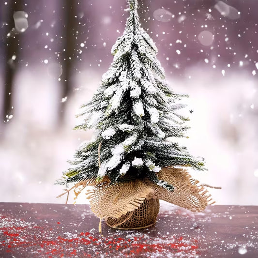 Snow-Flocked Mini Christmas Tree 35 cm | Tabletop Pine Tree with Burlap Base – Winter Holiday Décor