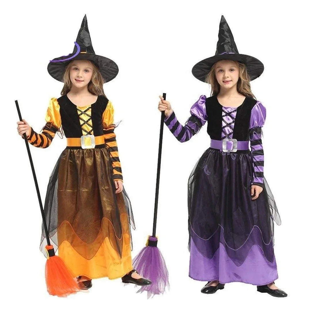 Girls’ Witch Pumpkin Halloween Costume with Hat – Fancy Party & Cosplay Dress