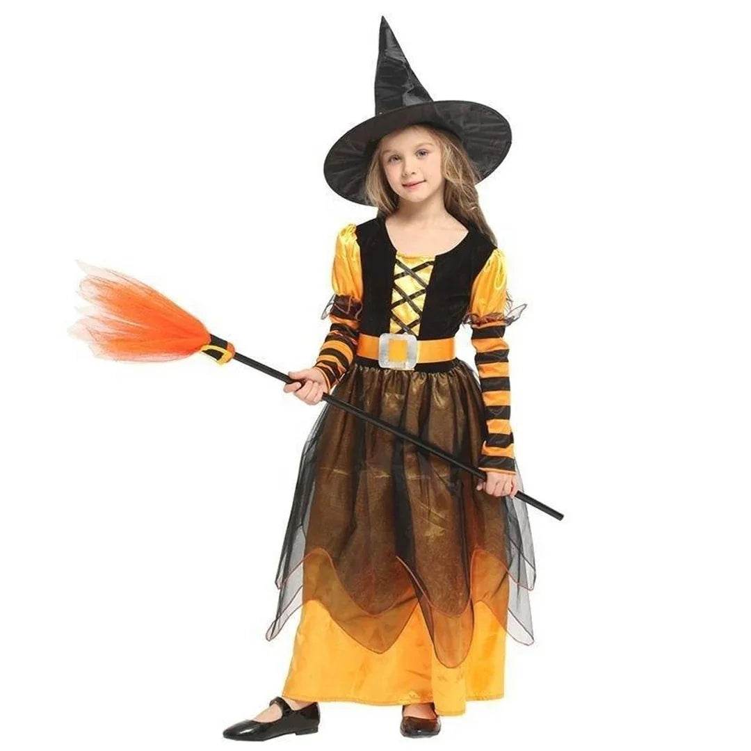 Girls’ Witch Pumpkin Halloween Costume with Hat – Fancy Party & Cosplay Dress