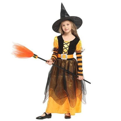 Girls’ Witch Pumpkin Halloween Costume with Hat – Fancy Party & Cosplay Dress