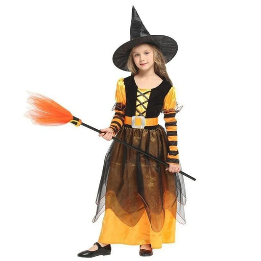 Girls’ Witch Pumpkin Halloween Costume with Hat – Fancy Party & Cosplay Dress