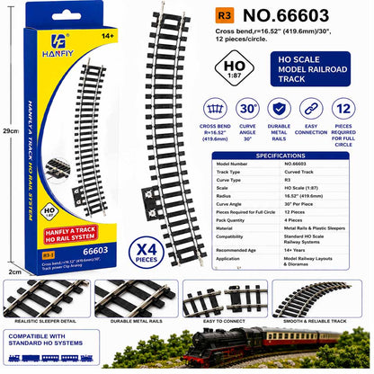 HANFLY HO Scale Curved Track R3 (No. 66603) – 4 Pieces Model Railroad Track Set | 30° Curve, 419.6mm Radius | HO 1:87 Railway Track