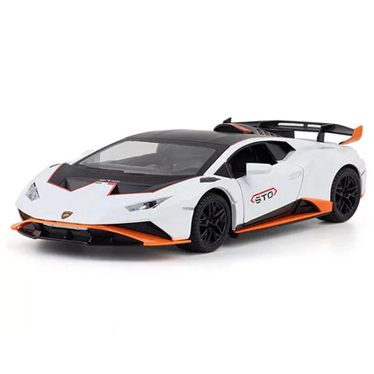 1:24 Lamborghini Huracán STO Die-Cast Metal Model Car – Pull Back Sports Car with Openable Doors, Light & Sound (White) - Jaiman Toys