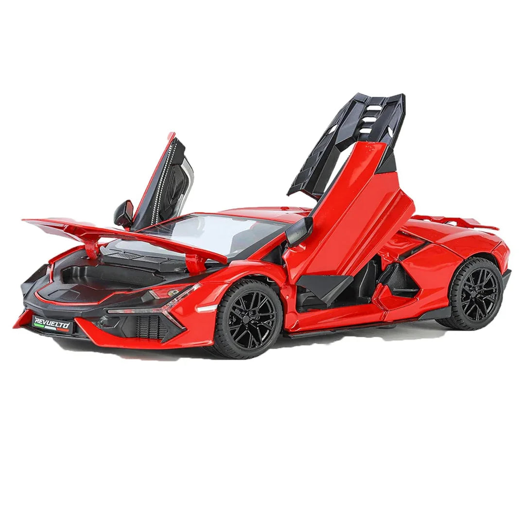 1:24 Lamborghini Street Car Die-Cast Metal Model – Pull Back Alloy Toy Car with Openable Doors, Light, Music & Display Bracket (Red) - Jaiman Toys