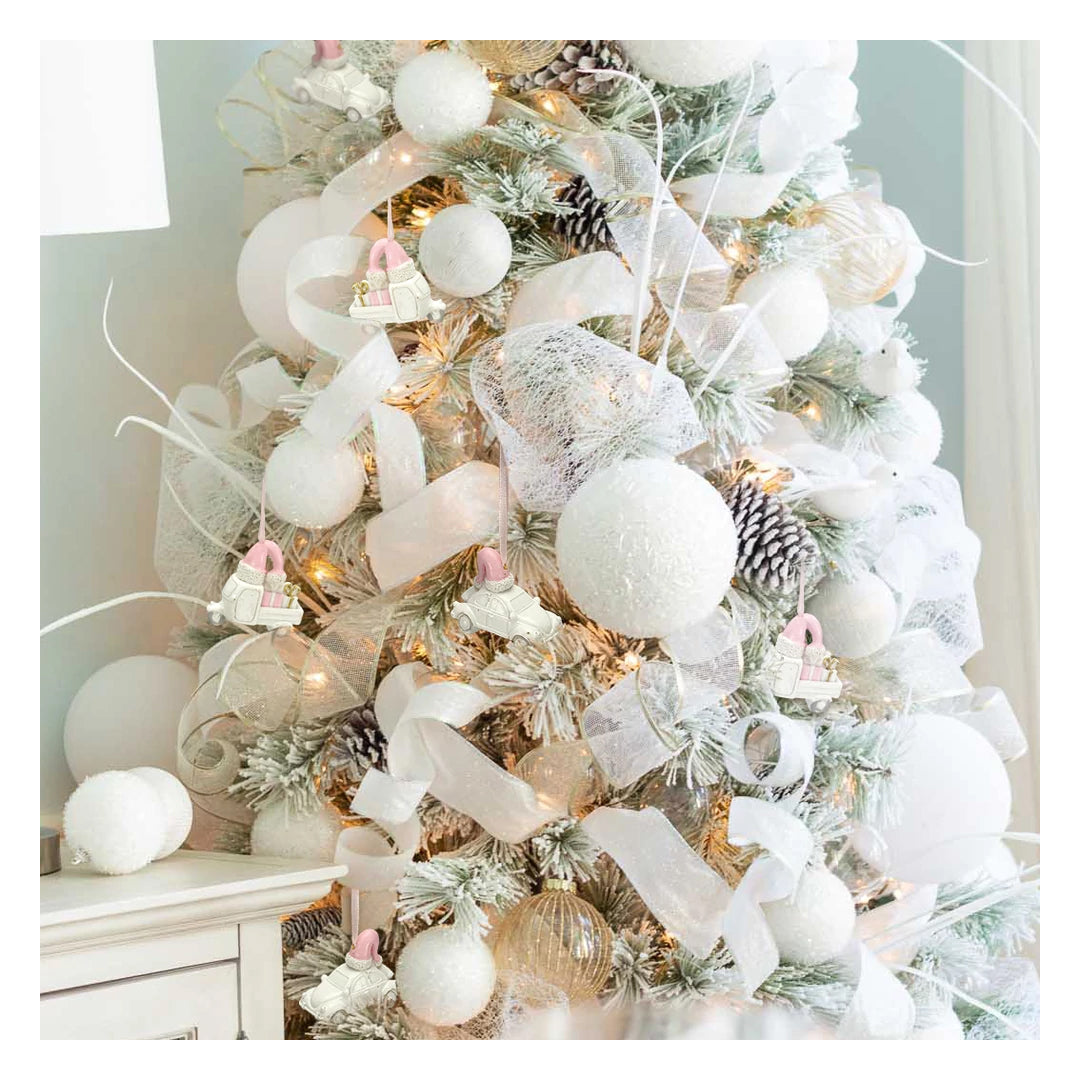 Christmas Festive Vehicle Ornaments Set (2pcs) | Pink & White Holiday Hanging Décor