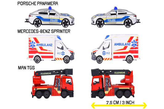 Majorette 1:64 Scale S.O.S. Cars 3-Piece Die-Cast Emergency Vehicle Set – Fire Truck, Police Car & Ambulance, Ages 3+