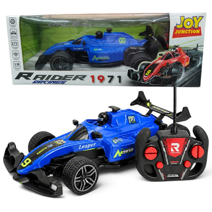 Joy Junction 1:16 Scale Raider 1971 Formula Racing Remote Control Car with Rubber Tyres & Handheld Controller for Kids – Blue