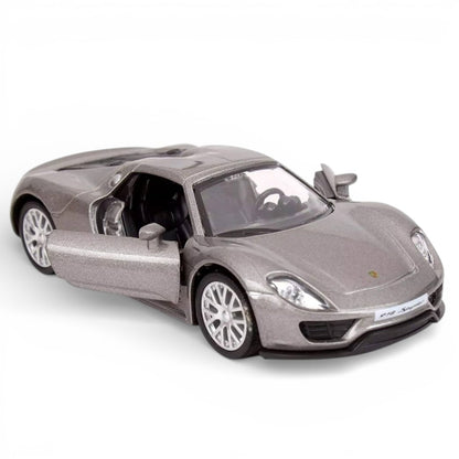 RMZ City Porsche 918 Spyder 1:36 Die-Cast Hypercar | Pull Back & Go | Openable Doors | Red / Silver Grey