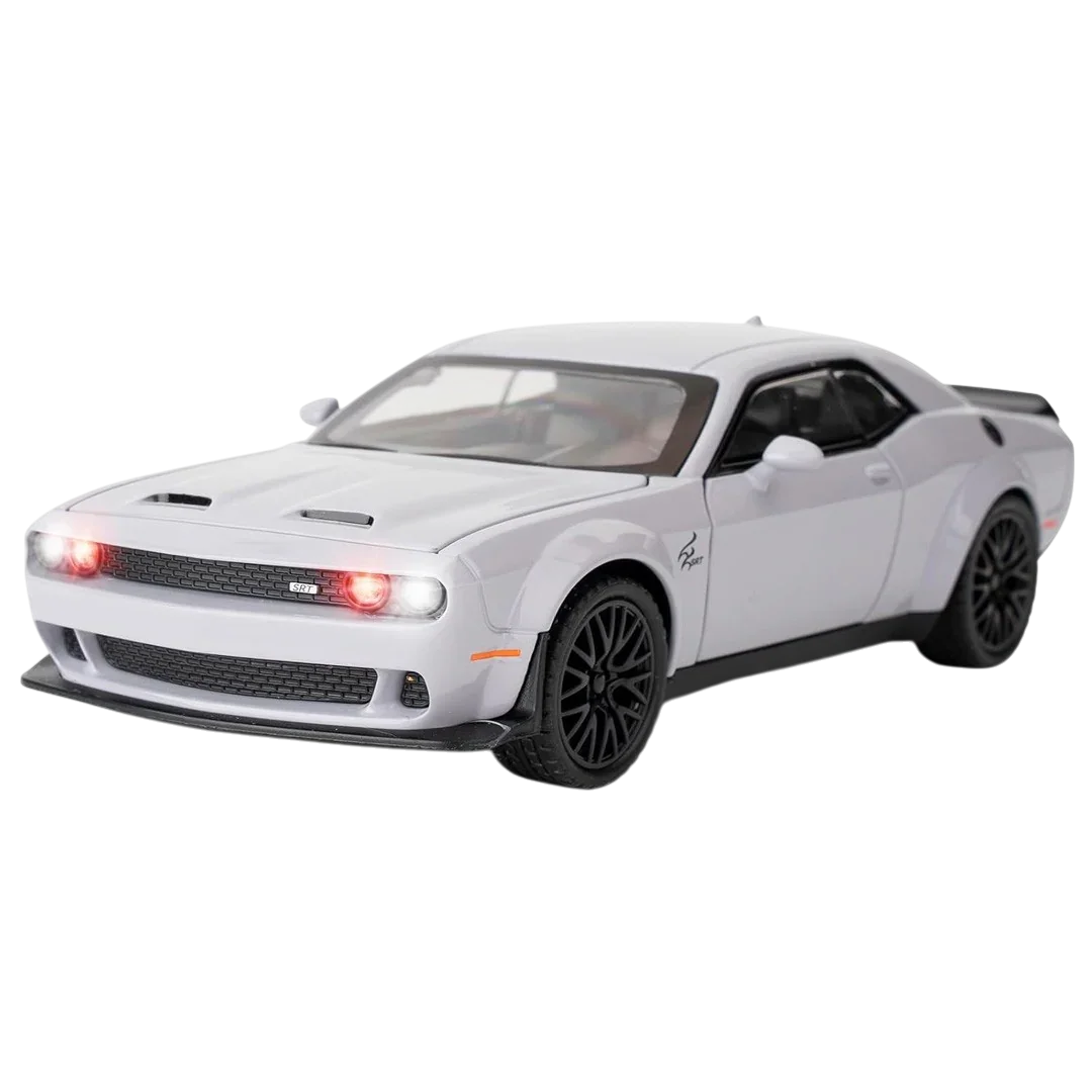 1:32 Dodge Challenger Hellcat Diecast Model Car – Pull Back Zinc Alloy Toy with Sound & Light (Gray) - Jaiman Toys