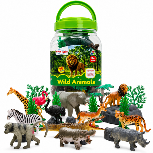 Open-Ended Wild Animals Playset - 30 Pieces | Realistic Jungle & Safari Animal Figures with Accessories | Educational Pretend Play Toy for Kids 3+ Years