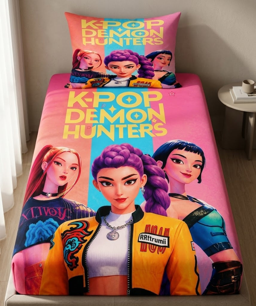 Huntrix Deluxe K-Pop Bedsheet Set 1 Single | 60 x 90 Inch Soft Microfiber Single Bed Sheet with 1 Pillow Cover | Vibrant K-Pop Inspired Design