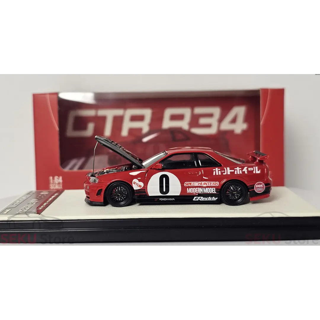 Time Micro Nissan Skyline GT-R R34 Red Livery Figure Edition 1:64 Scale Diecast Model Car | Opening Hood | Collector Display Base | Premium JDM Collectible | 14+